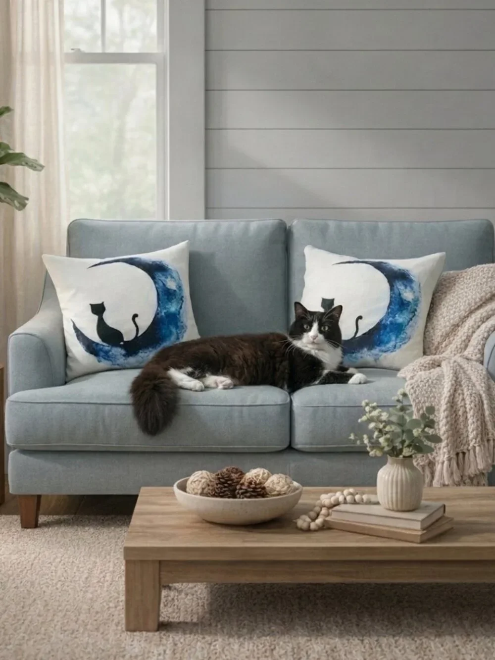 Set 2 Black Cat Blue Moon Watercolor Pillow Cushion Covers 18x18 Whimsigoth